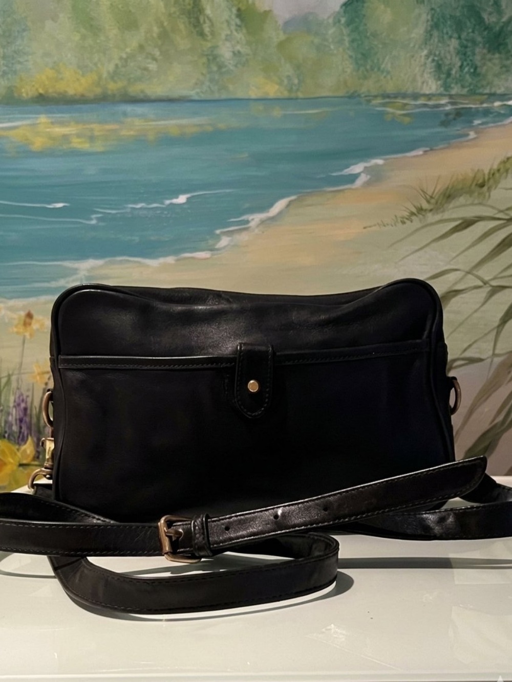 Vintage Ralph Lauren Black Leather Crossbody Bag with Gold Hardware